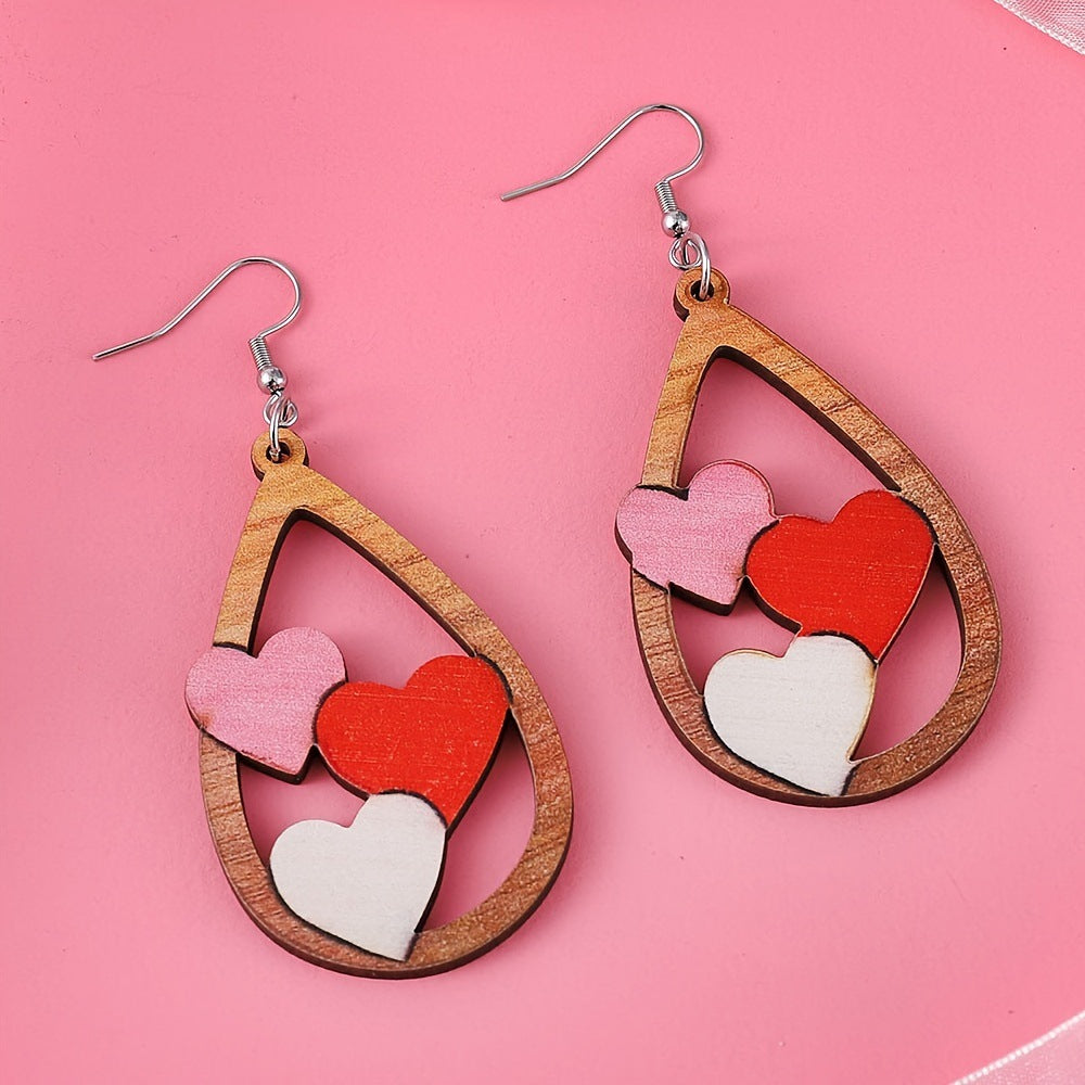 Wholesale 2PCS Wooden Valentine' s Day Heart Earrings