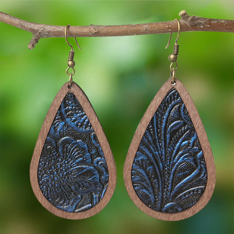 Wholesale 3 pairs/  pack Leather Bohemian vintage embossed wooden frame earrings