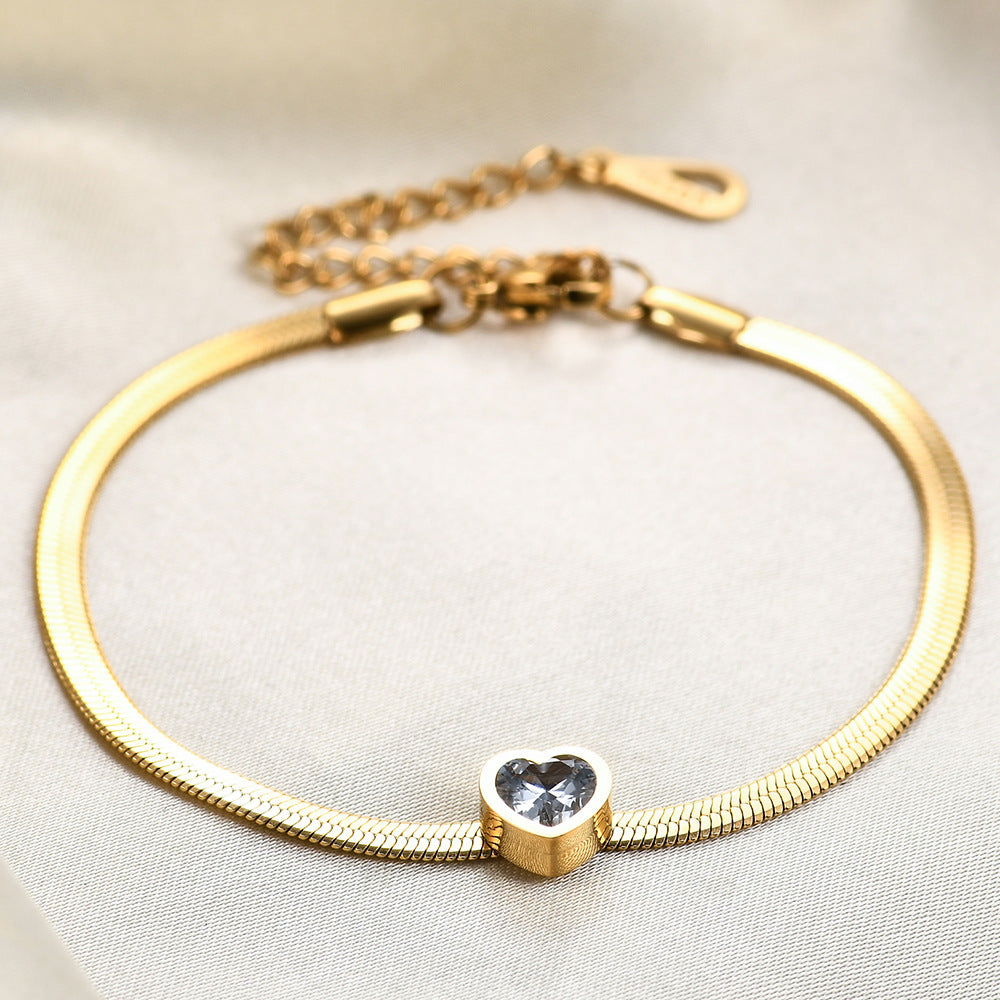 Wholesale  All-Match 14K Gold Titanium Steel Single Diamond Green White Pink Love Zircon Snake Chain Bracelet