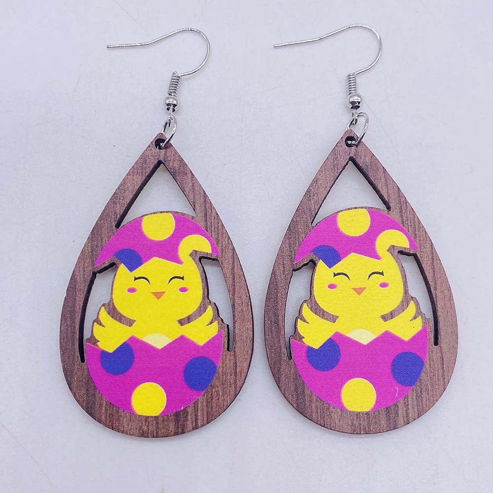 Wholesale Easter Egg Dwarf Rabbit Water Drop Hollow Wooden Earrings ACC-ES-CY003