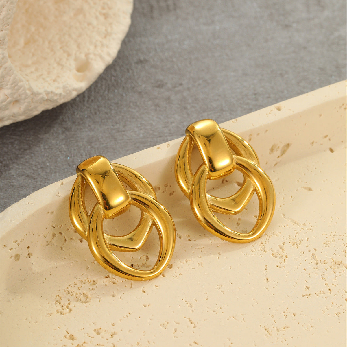 Wholesale  Golden Geometric Design Double-Ring Stainless Steel Earrings