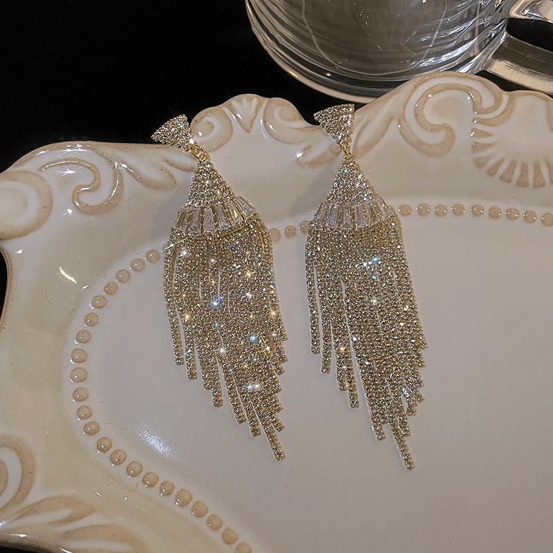 Wholesale Silver Needle Fan-shaped Zircon Diamond Tassel Earrings  ACC-ES-KJ023