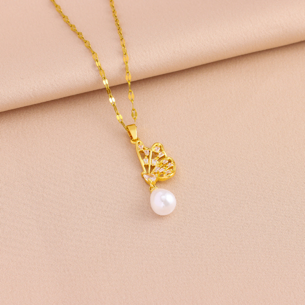 Wholesale Light Luxury  Zircon Inlaid Half Butterfly Pearl Pendant Women's Titanium Steel Necklace Earrings suit Jewelry