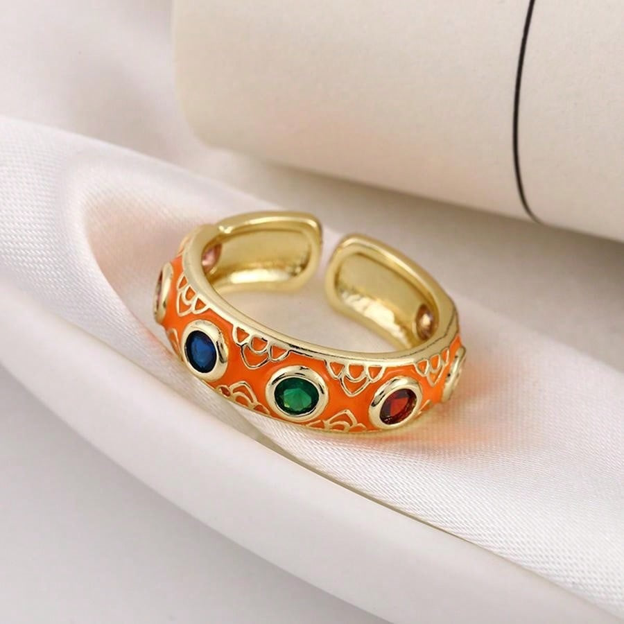 Wholesale Enamel dripping oil inlaid with colored diamonds Bohemian style ring