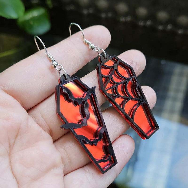 Wholesale Acrylic Gothic Bat Earrings Retro  Web Coffin Design Green Mirror Finish Fashion Accessory For Resale