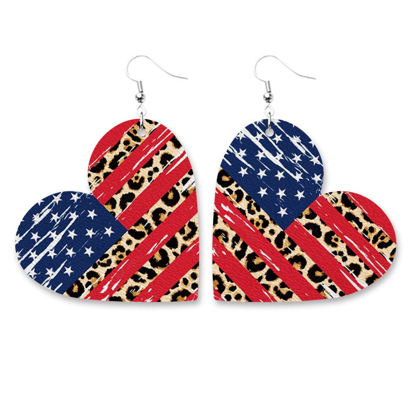 Wholesale 2 Pairs/pack American Independence Day Heart Shape Drop Shape Sunflower Cross Leather Earrings ACC-ES-HY051