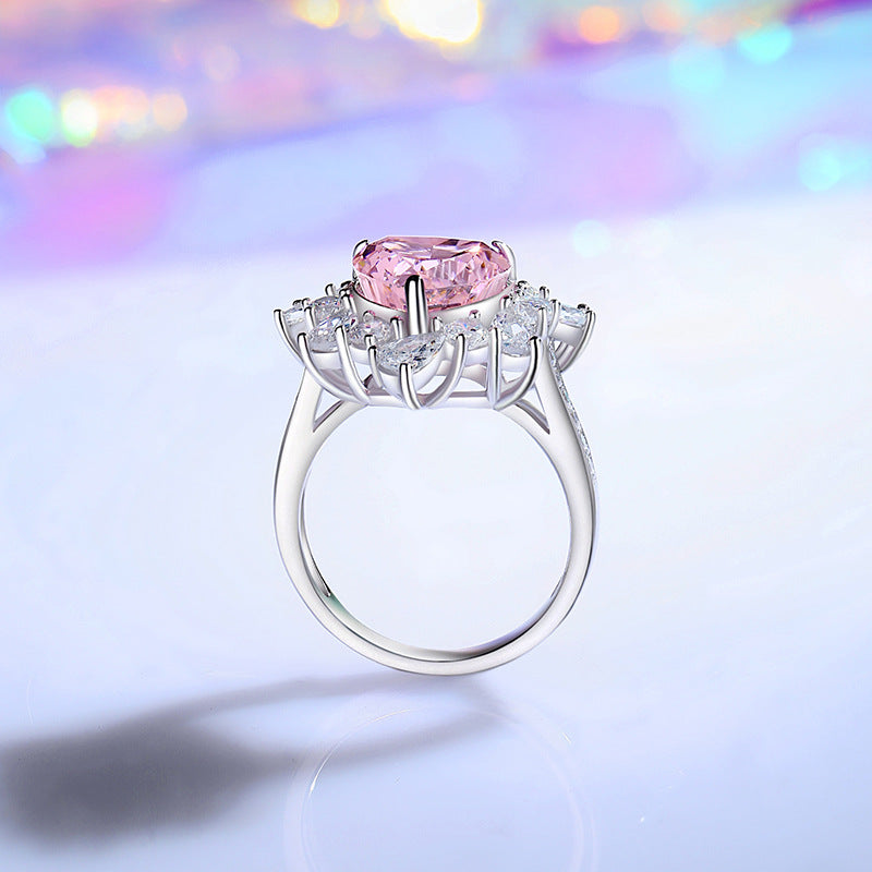 Wholesale heart-shaped pink high carbon diamond color treasure 925 sterling silver light luxury  ring