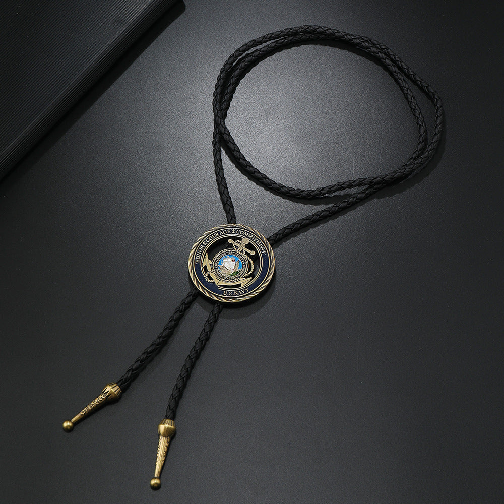 Wholesale Retro Navy Commemorative Coin Bolo Tie Necklace Punk Style Long Chain Bronze Pendant Fashion Accessory