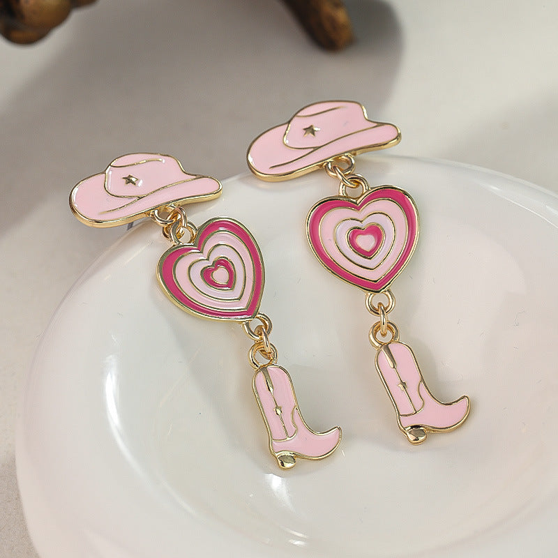 Wholesale western cowboy hat boots alloy drip oil love alloy earrings ACC-ES-RuLong010
