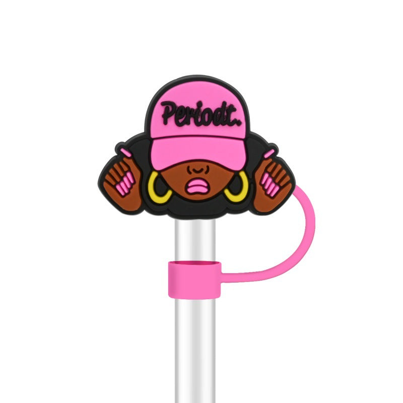 Wholesale 100pcs randomly black girl fashion series straw covers,  10mm soft silicone straw tube cap.