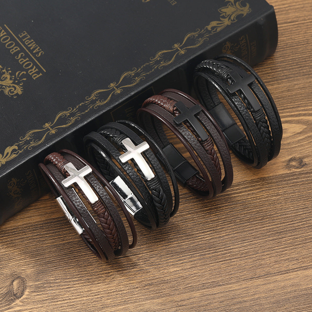 Wholesale Men's Braided Leather Magnetic Clasp Cross Alloy Bracelet