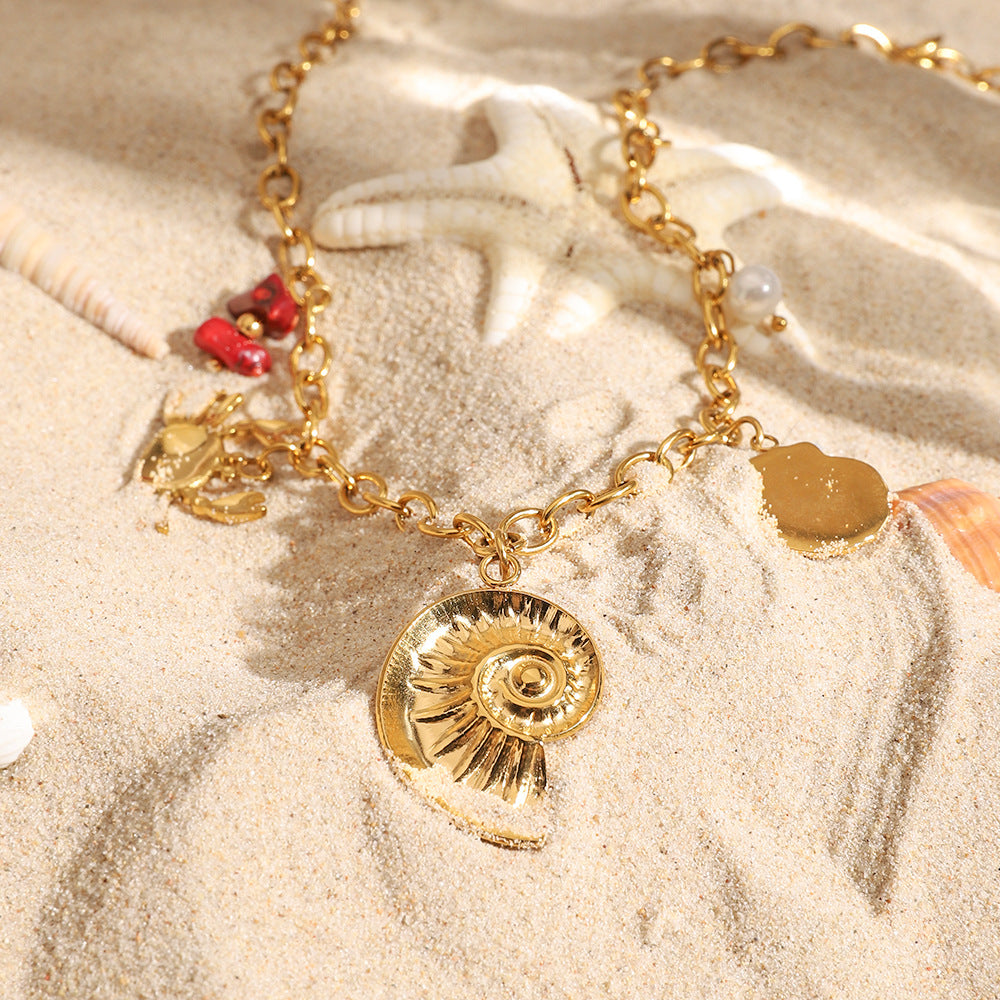 Wholesale  18K gold stainless steel conch crab ribbed shell pendant necklace