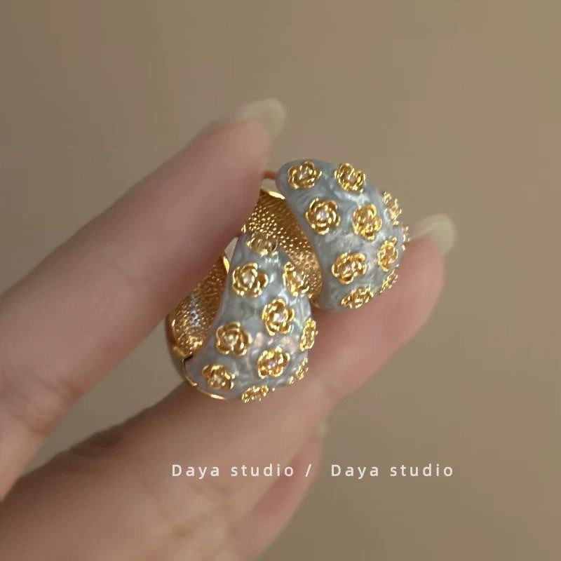 Wholesale Embossed Hazy Blue Vintage Drip Glaze Rose Flower Zircon Earrings
