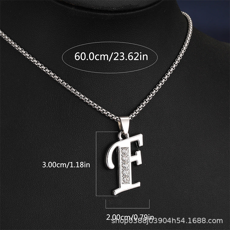 Wholesale Titanium Steel 26 Diamond-Encrusted English Letter Necklaces