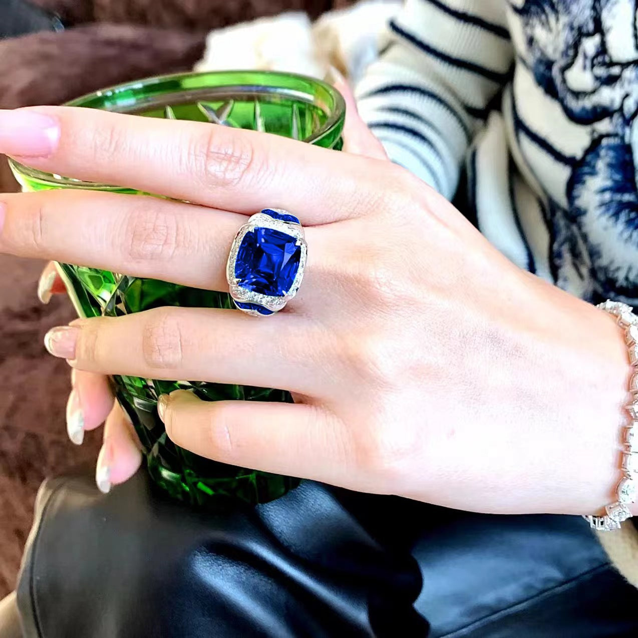 Wholesale Retro Green Tourmaline Cocktail Adjustable Ring