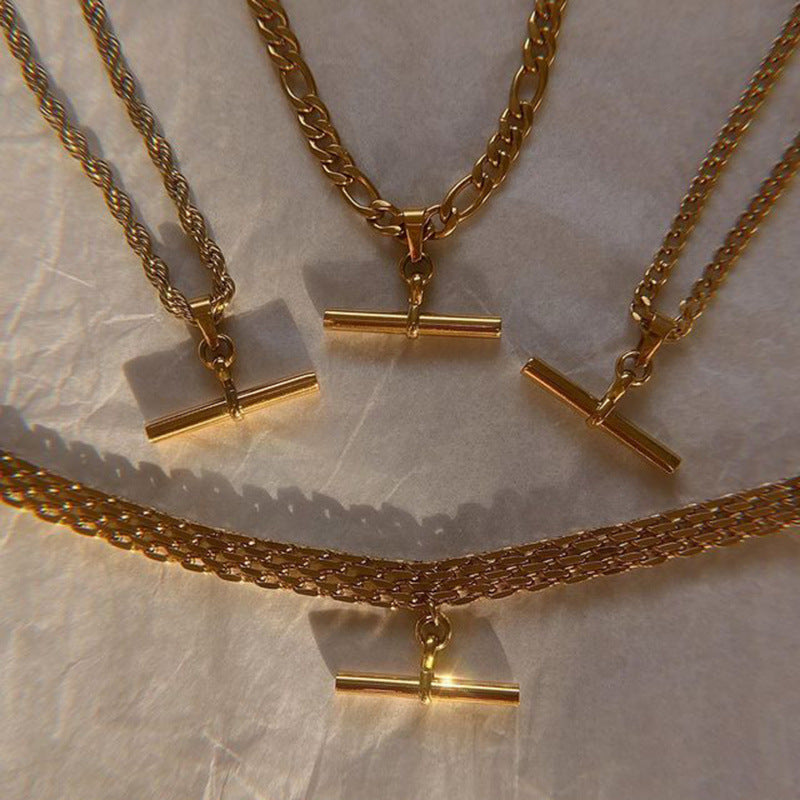 Wholesale 18K Gold Plated Stainless Steel Cuban Chain Necklace With T Bar Pendant Punk Hip Hop Style Jewelry For Everyday Wear