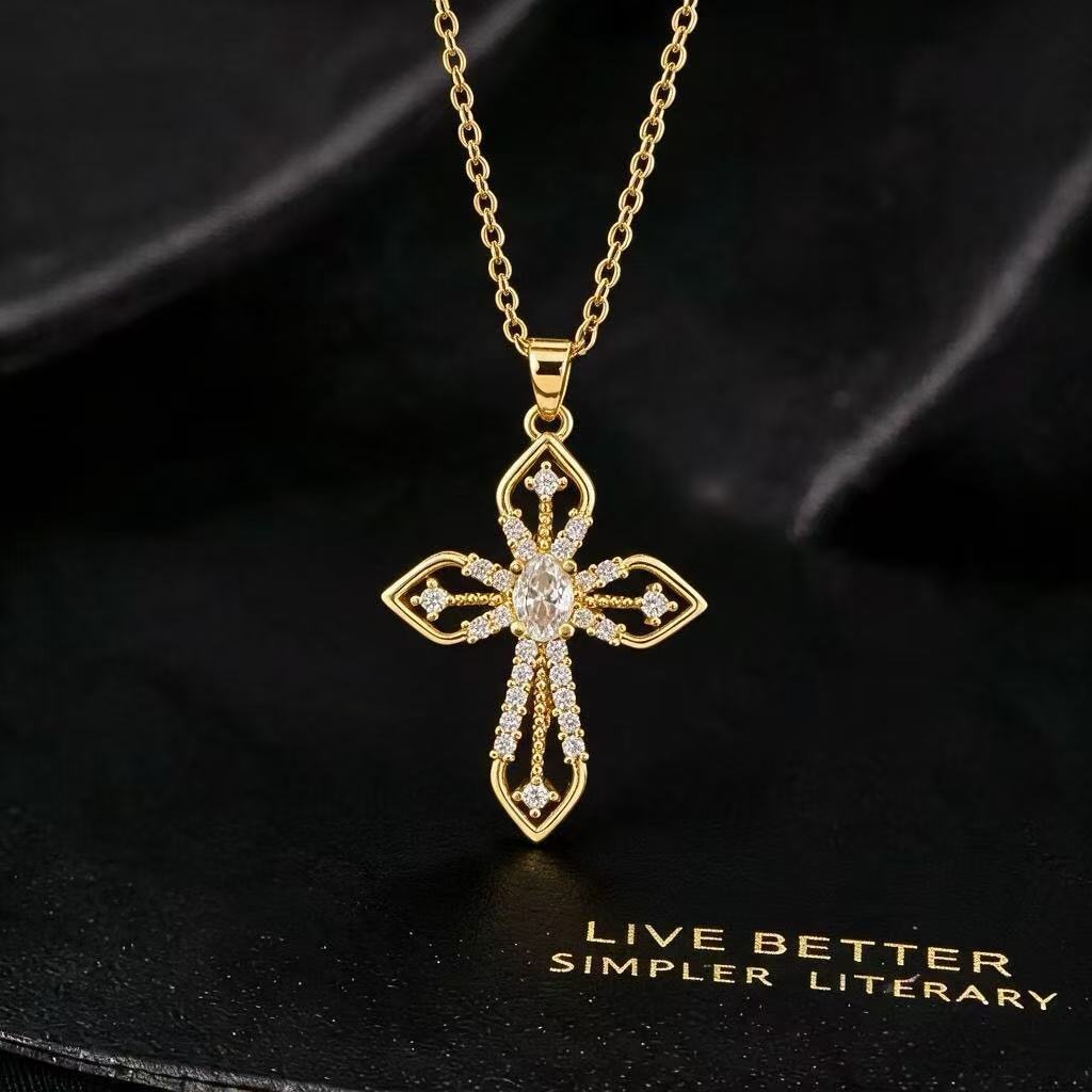 Wholesale Gold Plated Copper Zircon Cross Pendant Necklace With Bow Design For Women Stylish Casual Jewelry Accessory For Boutique Resale