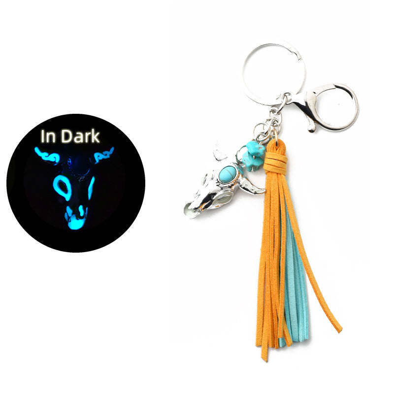 Wholesale Retro Western Style  Luminous Niutou Turquoise Fluorescent Metal Keychain
