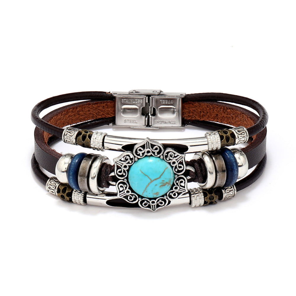 Wholesale 3PCS Leather natural stone multi-layer bracelet