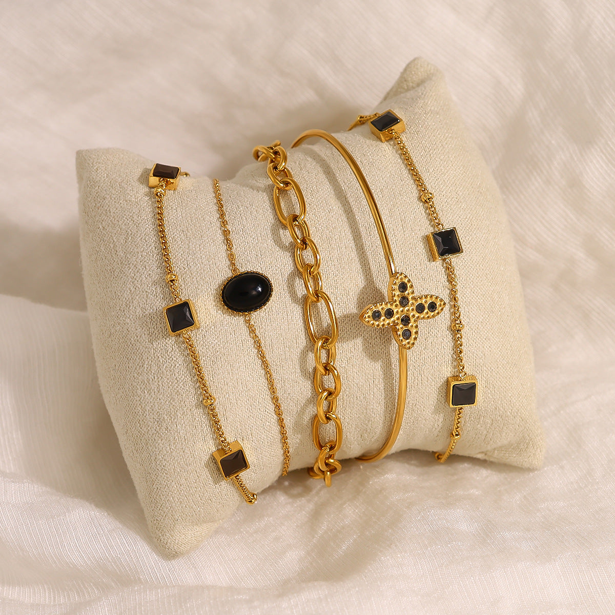 Wholesale Stylish Women S Star Open Bracelet Set 18K Gold Plated Stainless Steel With French Zircon Layered Design Boutique Resale