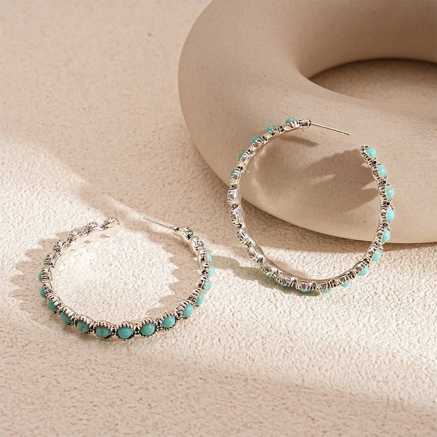 Wholesale Blue stone geometric round silver needle earrings