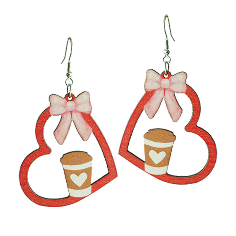 Wholesale 2 Pairs/Pack Heart Shape Bow Book Pencil Apple Wood Earrings ACC-ES-HY099