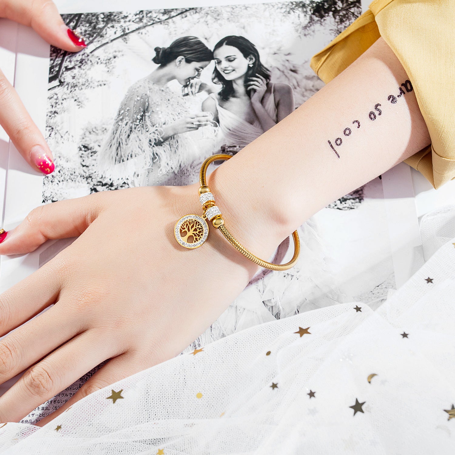 Wholesale diamond tree of life titanium steel bracelet