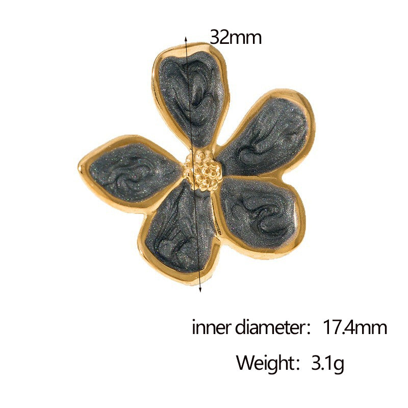 Wholesale Retro French Style Enamel Flower Stainless Steel Open Ring For Women Fashion Jewelry Accessory Everyday Wear Gift