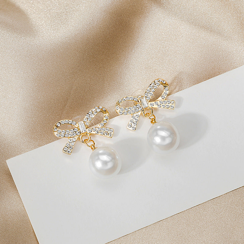 Wholesale Diamond Bow Pearl Earrings