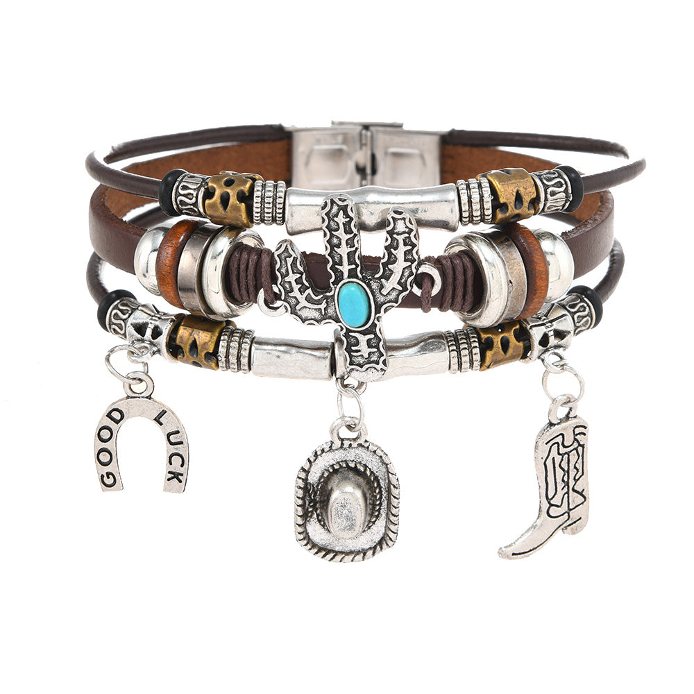 Wholesale Creative Ethnic Punk Style Beaded Leather Bracelet Handmade Unisex Fashion Accessory