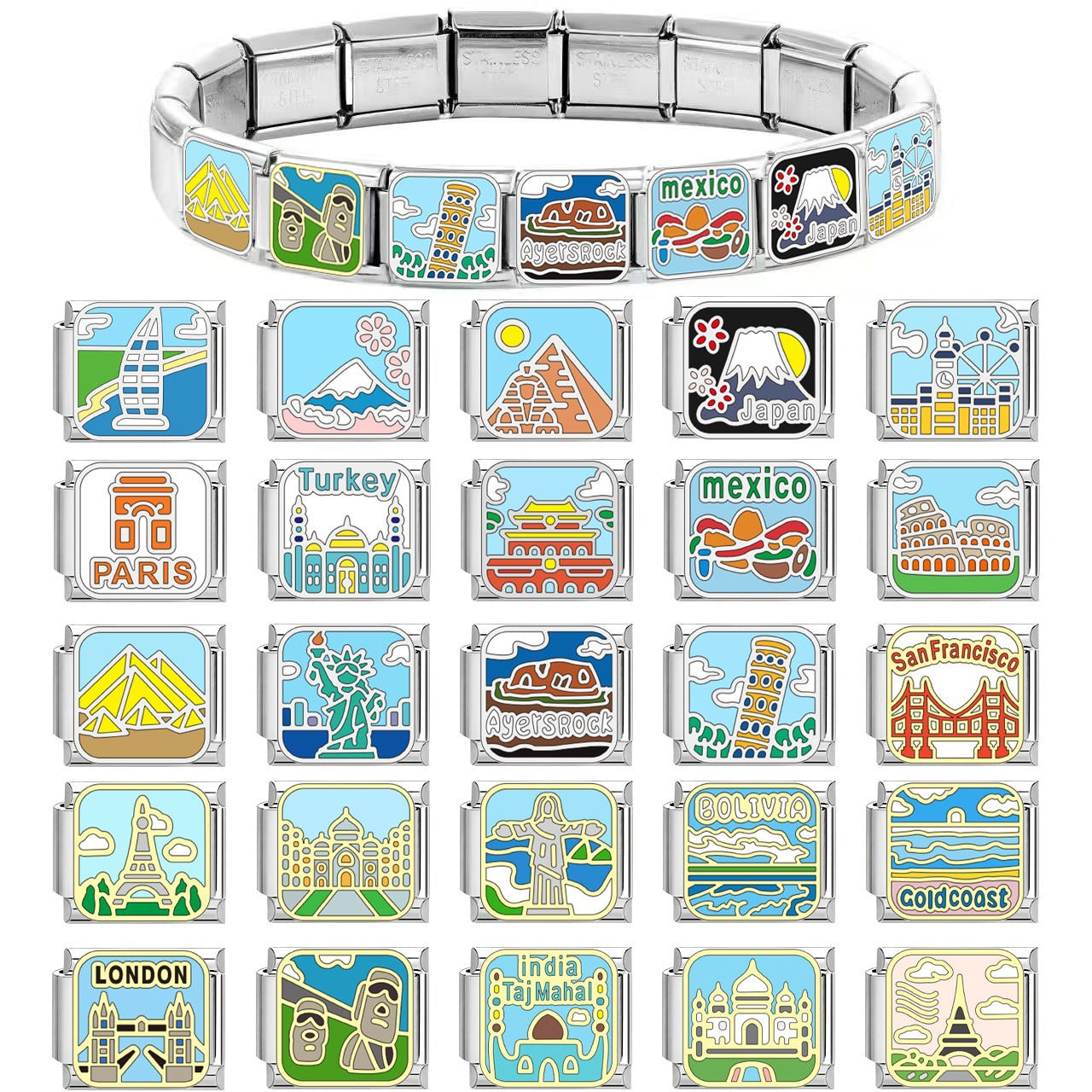Wholesale Creative DIY Italian-style modular bracelet charm featuring travel landmark designs in stainless steel