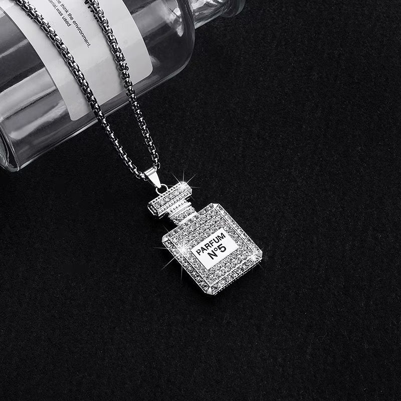 Wholesale Stainless Steel Rhinestone Perfume Bottle Pendant Long Necklace Sweater Chain Stylish Jewelry Accessory Gift