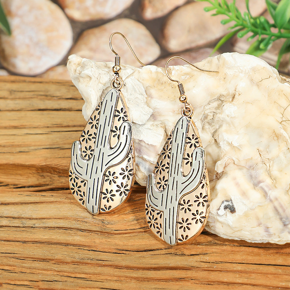 Wholesale Retro Bohemian Cactus Carved Drop Earrings Zinc Alloy Fashion Accessory