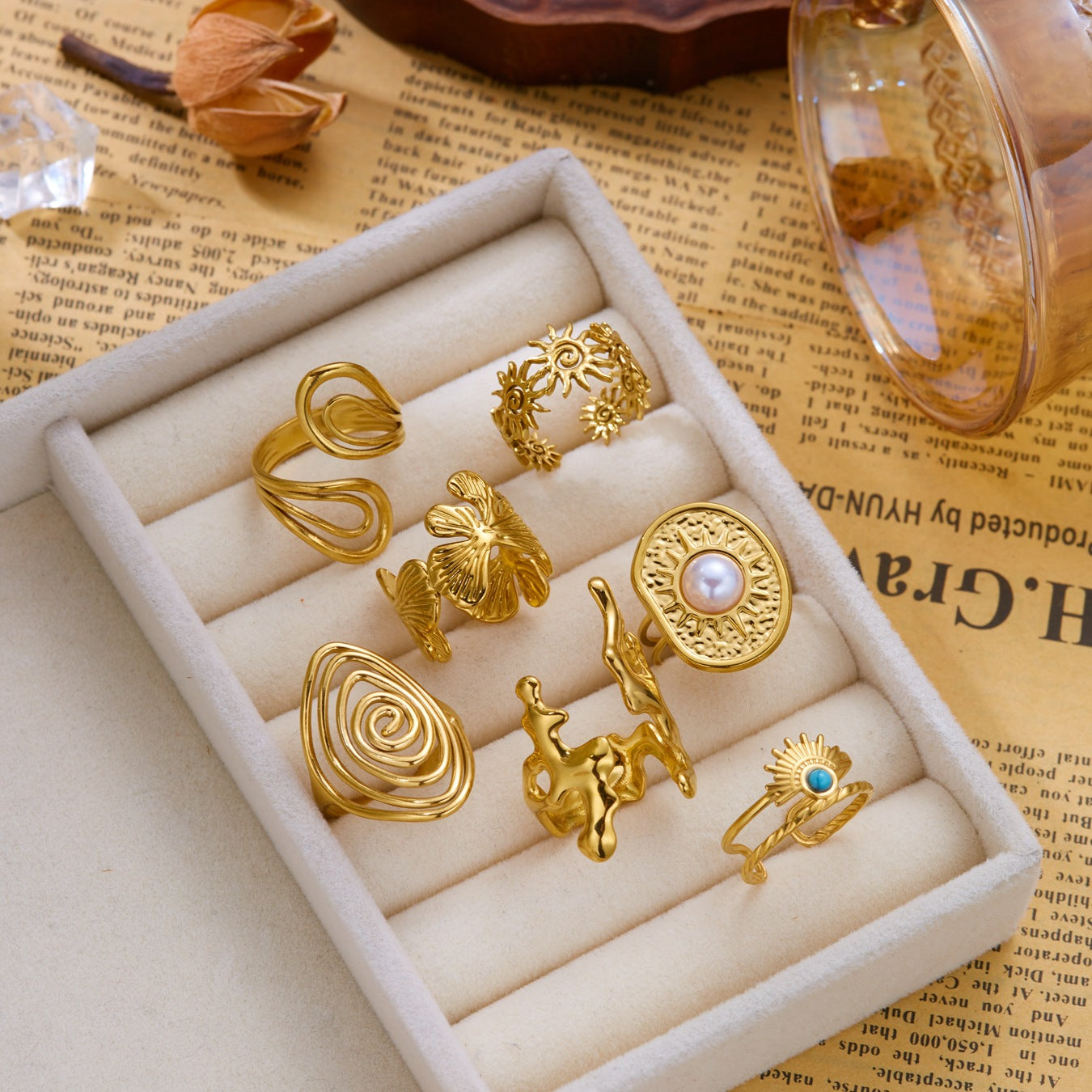 Wholesale Bohemian Sun Ginkgo Leaf Stacking Ring Set Stainless Steel Gold Plated Fashion Jewelry Accessory Gift