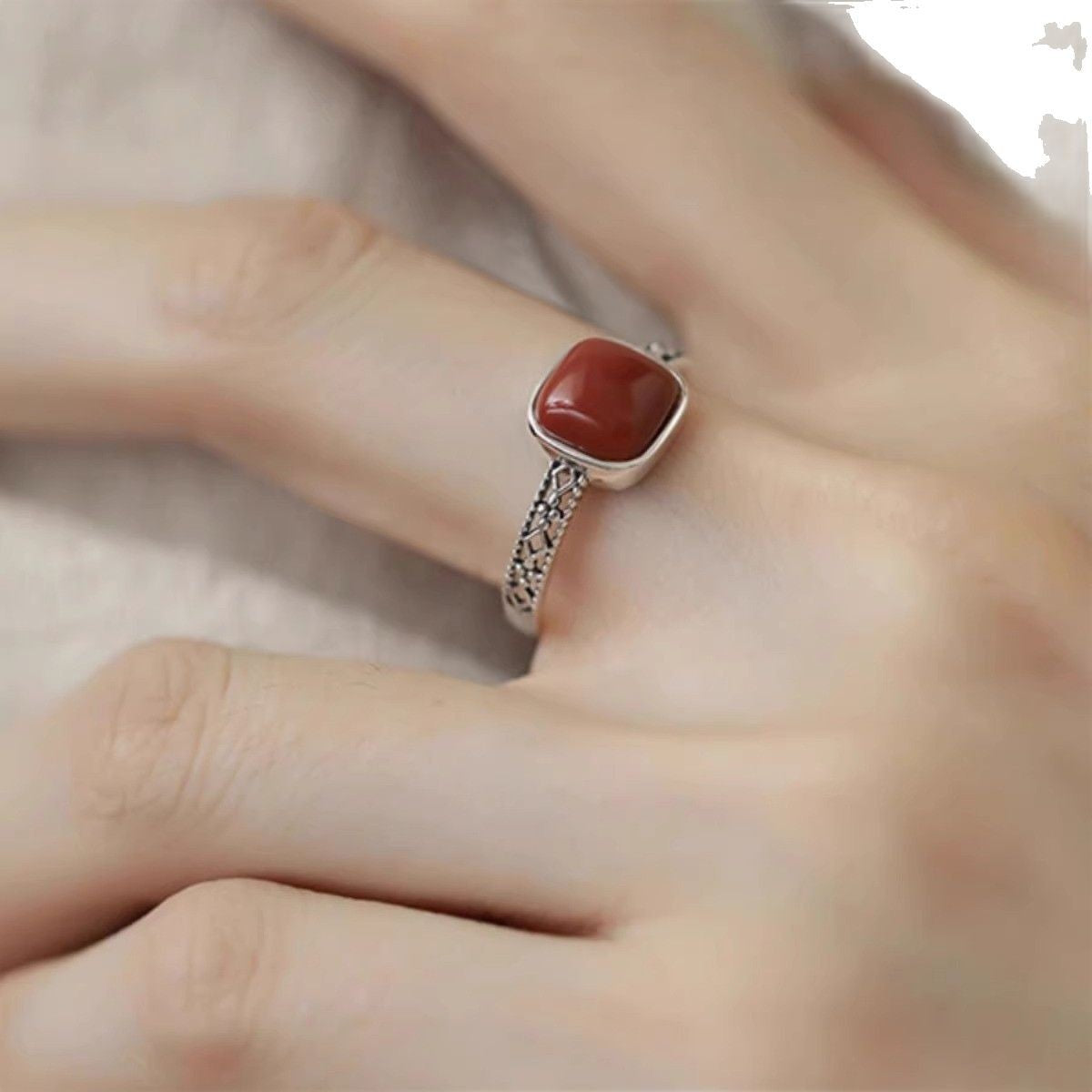 Wholesale 925 Sterling Silver Southern Red Agate Small Square Sugar Ring