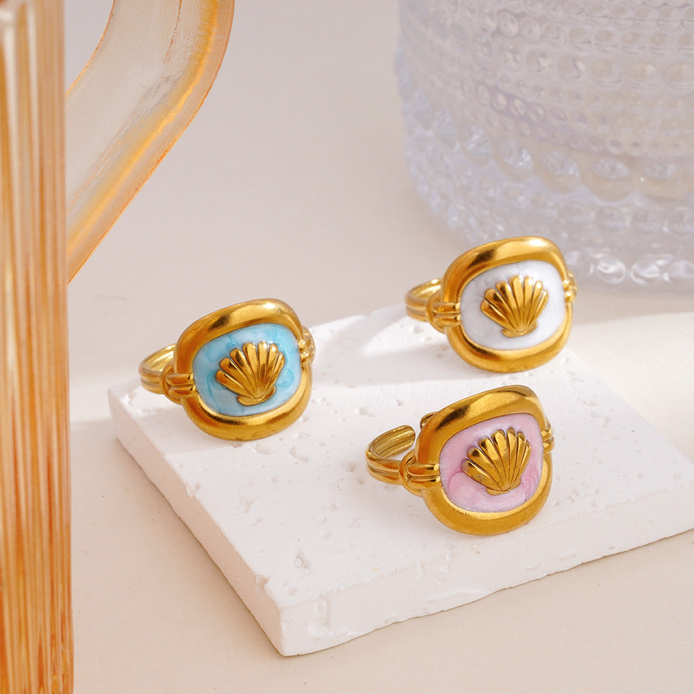 Wholesale Shell Flower Oil Drop Blue Ring Stainless Steel Women S Fashion Jewelry Accessory