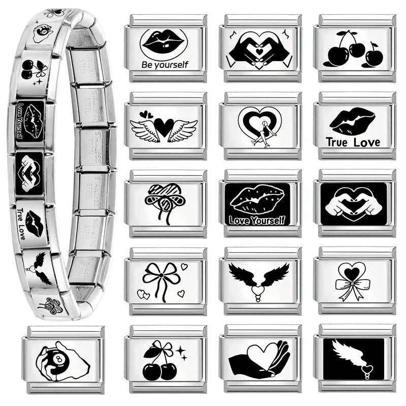 Wholesale Italian Charm Bracelet 9mm DIY Splicing Black and White Lettering Stainless Steel Composable Bracelet