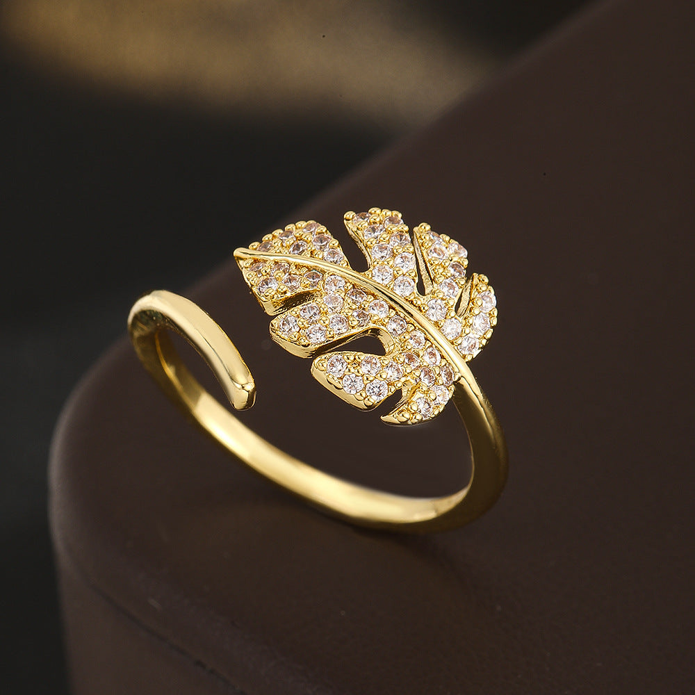 Wholesale Gold Plated Copper Open Ring With Zircon Leaf Design Trendy Women S Jewelry Accessory