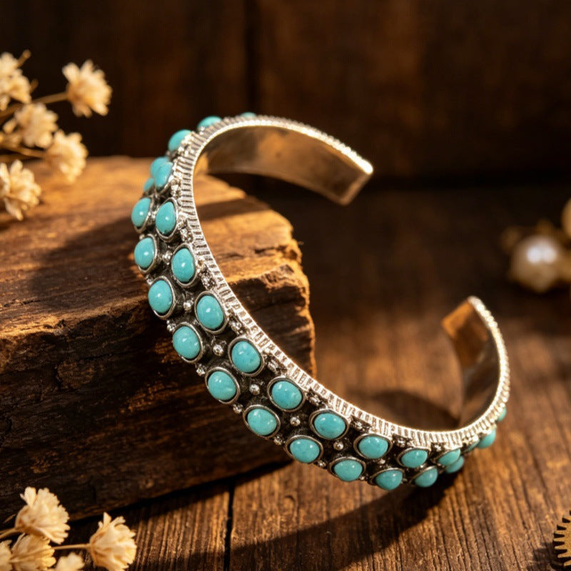 Wholesale Vintage Distressed Double Row Turquoise Open Cuff Bracelet,  Silver Alloy Bohemian Jewelry,  Trendy Gift for Resale