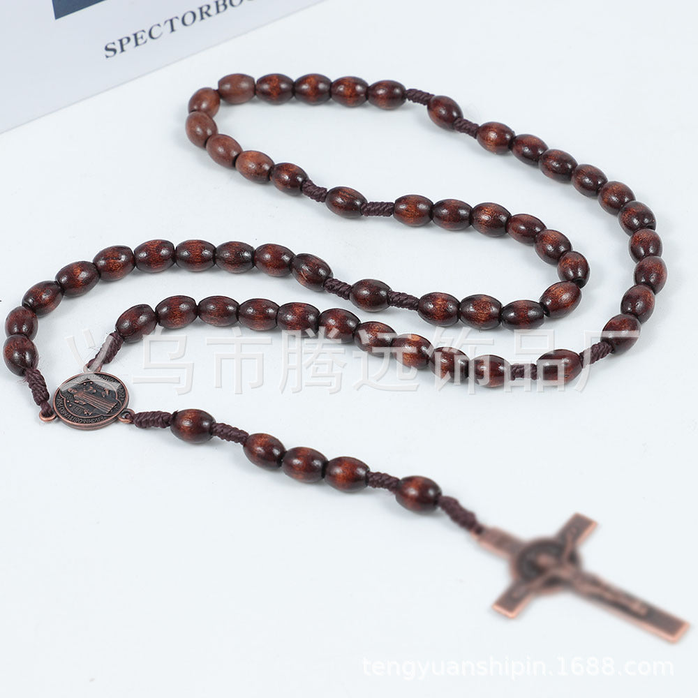 Wholesale 8*10mm wooden beads  cross alloy tag necklace