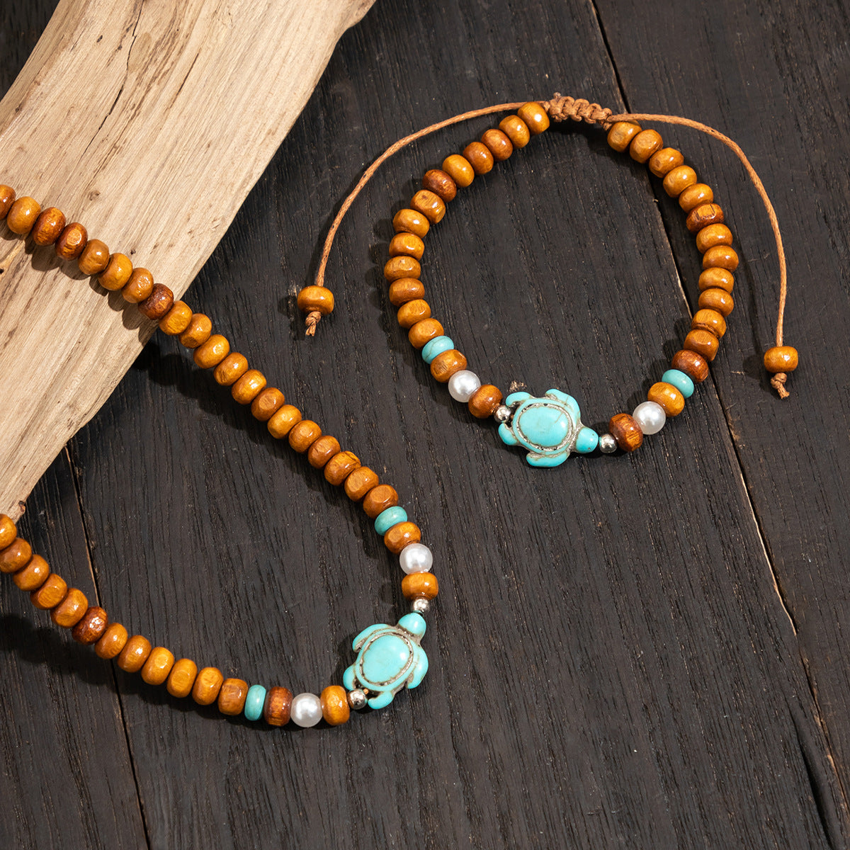 Wholesale Vintage Men's Wooden Beads Turtle Pearl Necklace Bracelet Set ACC-NE-Puxin009