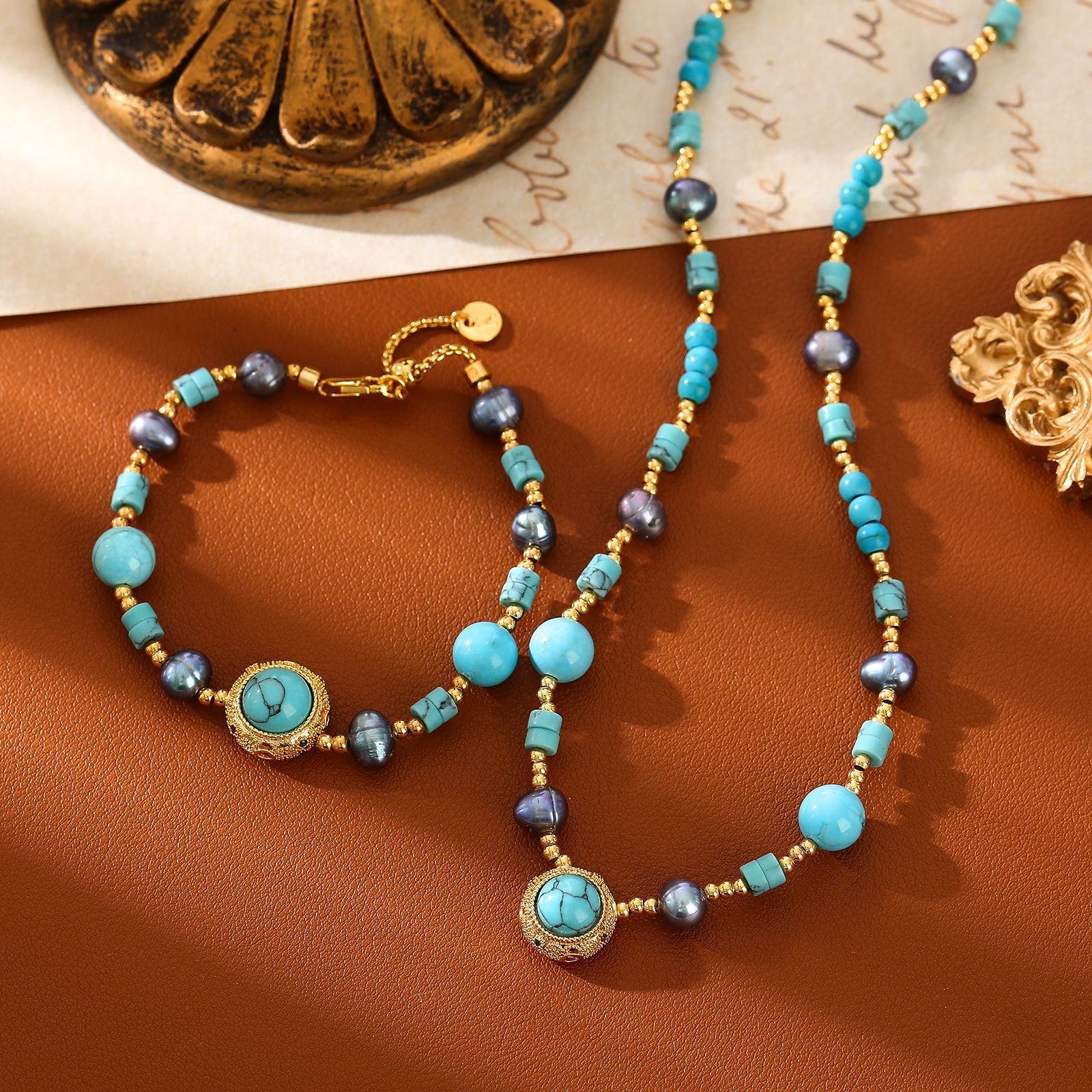 Wholesale Copper Electroplated Turquoise Rose Pearl Beaded Necklace and Bracelet Set,  Ethnic Style Fashion Accessory for Women