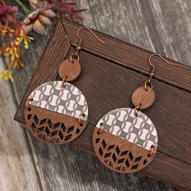 Wholesale Sports style acrylic baseball stitching hollow wood earrings