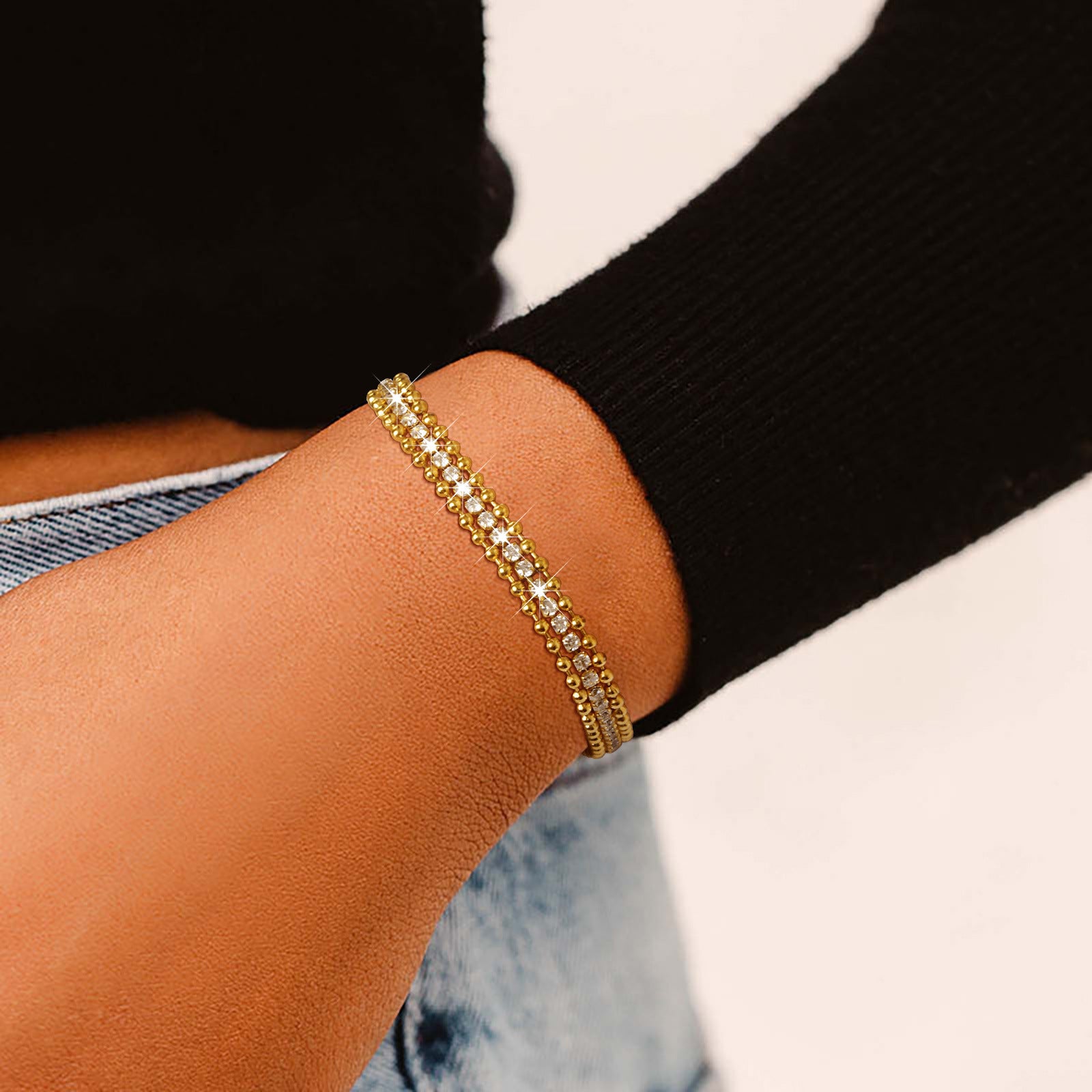 Wholesale Trendy Women S 3 Layer Stacking Bracelet Stainless Steel With White Zircon 18K Gold Tone Jewelry Accessory For Gift And Daily Wear