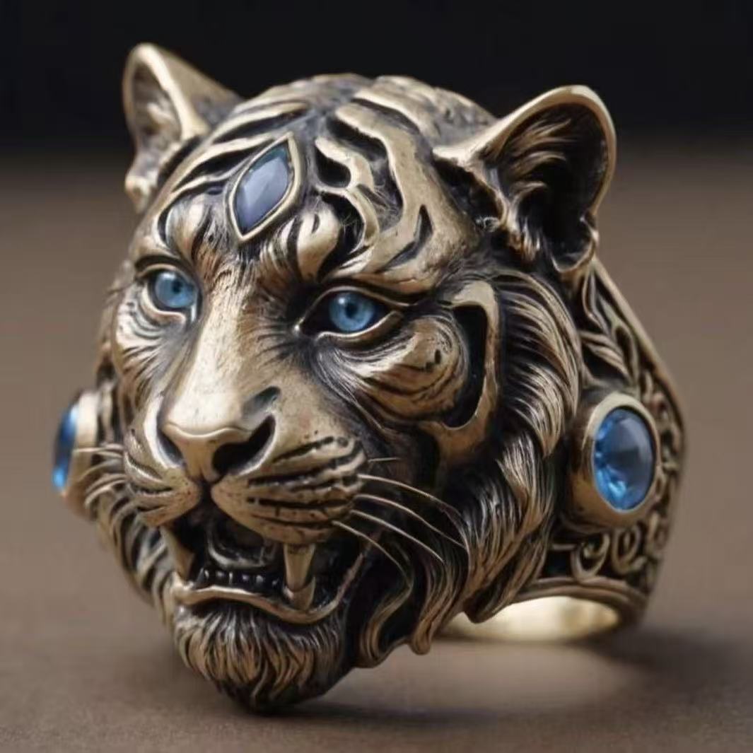 Wholesale Vintage Tiger Head Design Ring Zinc Alloy Retro Color Fashion Accessory