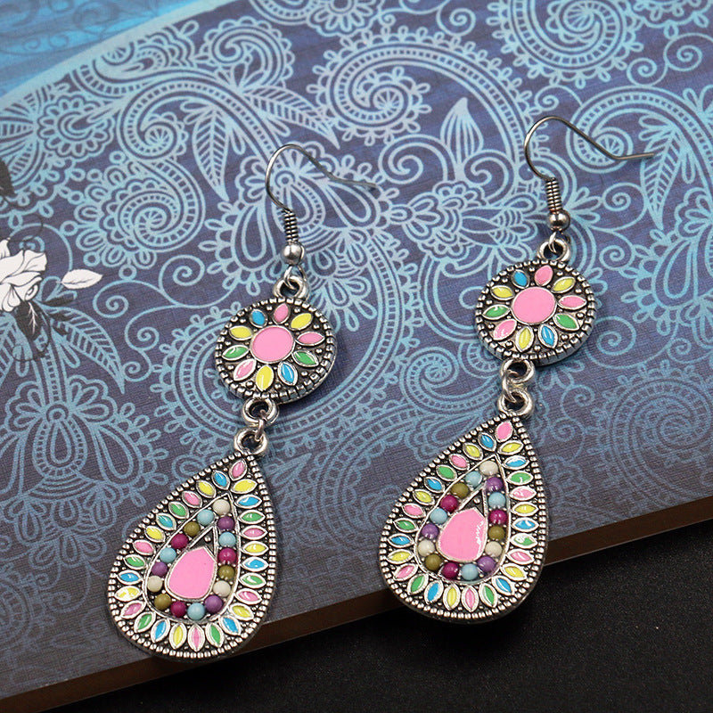 Wholesale hollow alloy retro color  diamond flower  earrings