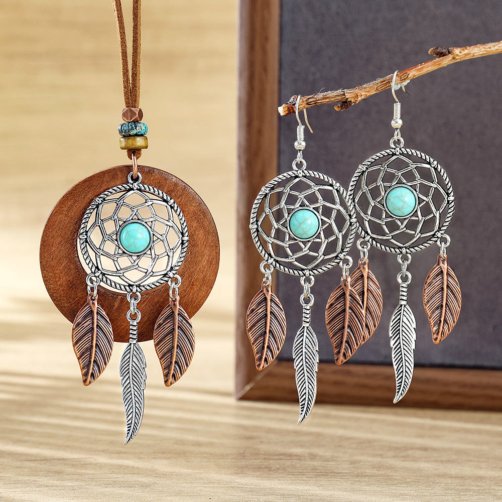 Wholesale Dream Catcher  Web Earrings and Necklace Set,  Alloy with Feather Tassel,  Ethnic Style Jewelry for Gift,  Party,  or Resale
