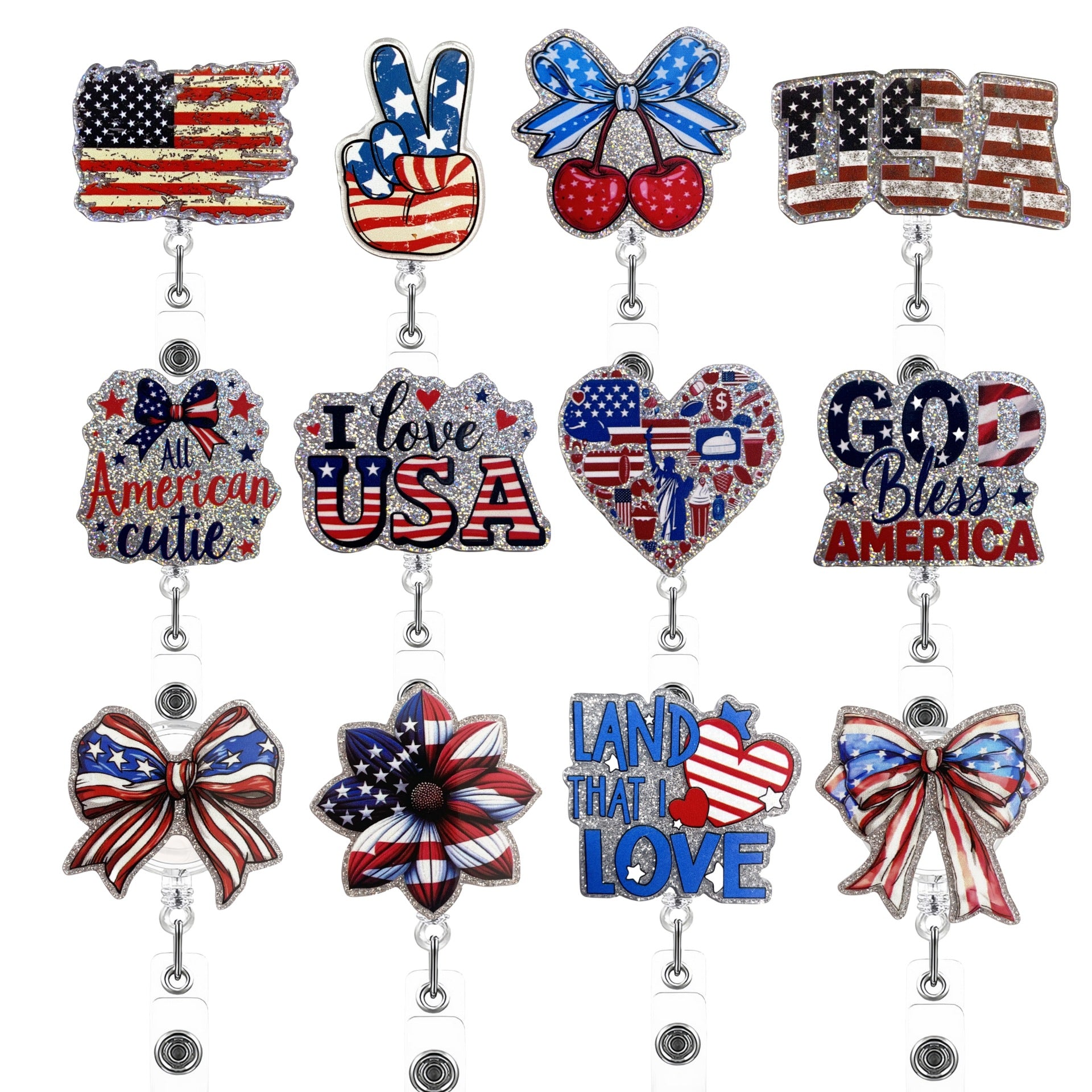 Wholesale Acrylic Glitter Independence Day Badge Reels Keychains