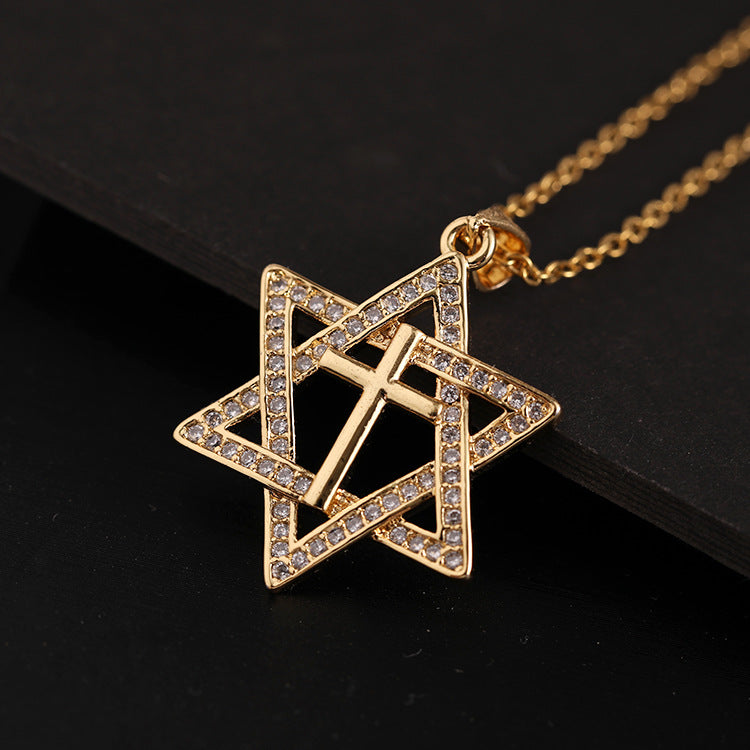 Wholesale Chic Star Cross Pendant Necklace 14K Gold Plated Micro Set Zircon Copper Jewelry Gift