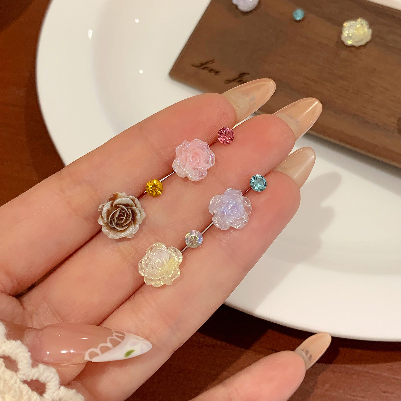 Wholesale Summer Super Fairy Color Resin Rose Zircon Earrings  Silver Needle